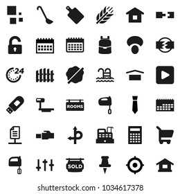 Flat vector icon set - splotch vector, ladle, cutting board, mixer, mushroom, backpack, calculator, target, tie, calendar, cereals, pool, route, dry cargo, big scales, settings, thumbtack, usb modem