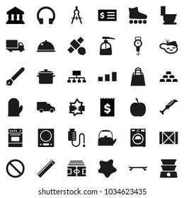 Flat vector icon set - splotch vector, toilet, washer, liquid soap, pan, kettle, scales, cook glove, oven, dish, pen, ruler, drawing compass, bank, receipt, hierarchy, gold ingot, diet, stadium, car