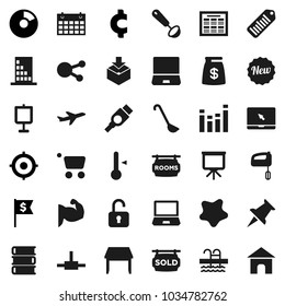 Flat vector icon set - splotch vector, ladle, thermometer, book, schedule, presentation, pie graph, target, dollar flag, cent sign, muscule hand, calendar, pool, plane, package, barcode, equalizer