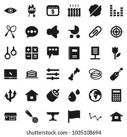 Flat vector icon set - splotch vector, skimmer, bbq, copybook, calculator, flag, constellation, dollar calendar, jump rope, target, hoop, gymnast rings, earth, tulip, speaker, equalizer, notebook pc