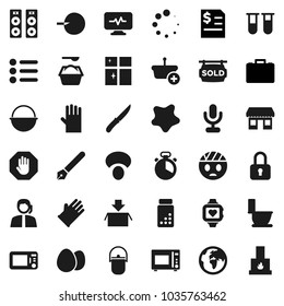 Flat vector icon set - splotch vector, toilet, washing powder, rubber glove, shining window, camping cauldron, cook timer, knife, microwave oven, egg, mushroom, pen, case, annual report, pills vial
