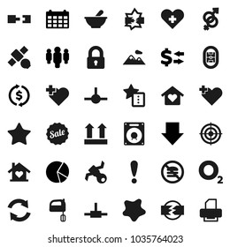 Flat vector icon set - splotch vector, mixer, exchange, pie graph, man, arrow down, calendar, target, no fastfood, heart cross, oxygen, stadium, attention, satellite, top sign, favorites, gender