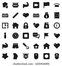 Flat vector icon set - splotch vector, ladle, book, ruler, flag, money bag, dollar, tie, muscule hand, buttocks, shorts, heart cross, clock, dry cargo, dialog, stop button, forward, rec, home, house