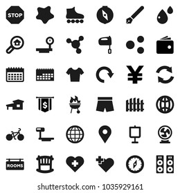 Flat vector icon set - splotch vector, mixer, bbq, pen, compass, presentation, molecule, wallet, dollar flag, yen sign, bike, shorts, t shirt, roller Skates, calendar, heart cross, map pin, share