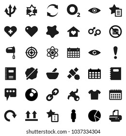 Flat vector icon set - splotch vector, mixer, copybook, atom, pie graph, man, calendar, target, no fastfood, oxygen, attention, satellite, top sign, link, heart, cross, eye, gender, mortar, message