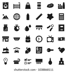 Flat vector icon set - splotch vector, oil, colander, cook timer, pasta, steak, copybook, ruler, backpack, calculator, exam, hand trainer, water bottle, heart cross, truck trailer, clock, receipt