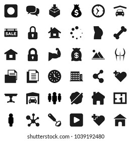 Flat vector icon set - splotch vector, ladle, molecule, money bag, man, muscule hand, buttocks, heart cross, bone, clock, document, package, dialog, play button, rec, home, loading, house, mountain