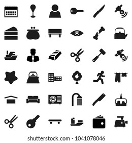 Flat vector icon set - splotch vector, drying clothes, shower, kettle, knife, meat hammer, cake, school building, scissors, gold ingot, wallet, manager, calendar, punching bag, skateboard, run, ship