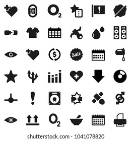 Flat vector icon set - splotch vector, mixer, exchange, pie graph, arrow down, calendar, heart cross, oxygen, stadium, attention, satellite, top sign, equalizer, favorites, eye, gender, mortar, sale