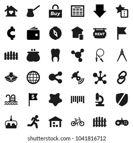 Flat vector icon set - splotch vector, turk coffee, cake, drawing compass, schedule, molecule, flag, wallet, arrow down, dollar, cent sign, bike, jump rope, pool, run, warehouse, protected, barcode