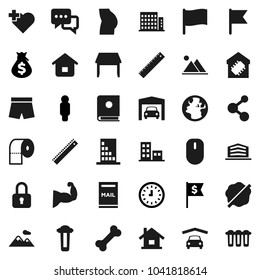 Flat vector icon set - splotch vector, toilet paper, ruler, flag, money bag, clock, man, dollar, muscule hand, buttocks, shorts, molecule, heart cross, bone, earth, dialog, house, mailbox, mountain