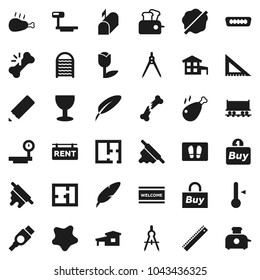 Flat vector icon set - splotch vector, welcome mat, washboard, rolling pin, thermometer, chicken leg, pen, pencil, corner ruler, drawing compass, Railway carriage, glass, tulip, big scales, hdmi