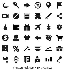 Flat vector icon set - splotch vector, washboard, oil, mixer, toaster, plates, pen, alarm clock, archive, flag, graph, cart, wallet, auction, t shirt, molecule, heart monitor, cereals, breads, plane