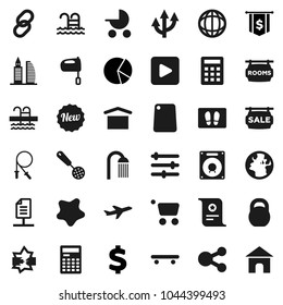 Flat vector icon set - splotch vector, welcome mat, shower, skimmer, cutting board, mixer, calculator, certificate, world, pie graph, dollar flag, sign, weight, jump rope, skateboard, pool, earth