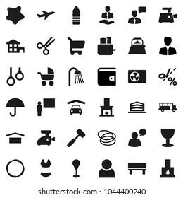 Flat vector icon set - splotch vector, shower, kettle, meat hammer, toaster, blackboard, school bus, wallet, manager, punching bag, swimsuite, water bottle, hoop, gymnast rings, plane, client, glass