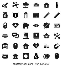 Flat vector icon set - splotch vector, plates, toilet paper, ruler, magnet, scissors, molecule, money bag, dollar flag, tie, shorts, heart cross, dialog, rec button, eye, cloud network, home, lock