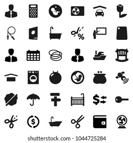 Flat vector icon set - splotch vector, bath, cutting board, grater, blackboard, exchange, wallet, manager, calendar, jump rope, fitball, hoop, client, ship, umbrella, dry cargo, tulip, satellitie