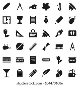 Flat vector icon set - splotch vector, welcome mat, washboard, rolling pin, thermometer, chicken leg, pen, pencil, corner ruler, drawing compass, Railway carriage, glass, tulip, hdmi, broken bone