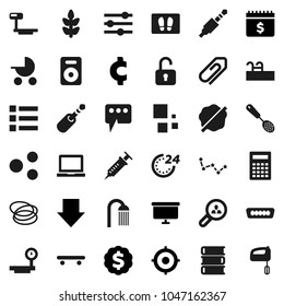 Flat vector icon set - splotch vector, welcome mat, shower, skimmer, book, calculator, notebook pc, constellation, target, arrow down, presentation board, dollar medal, calendar, cent sign, cereals
