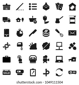 Flat vector icon set - splotch vector, whisk, knife, turk coffee, mixer, university, notebook pc, case, stopwatch, sports nutrition, breads, route, satellite, delivery, clipboard, tulip, package