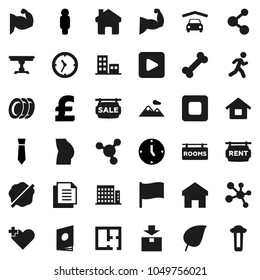 Flat vector icon set - splotch vector, plates, molecule, flag, leaf, clock, man, tie, pound, muscule hand, buttocks, bone, run, document, package, play button, stop, heart cross, home, house, garage