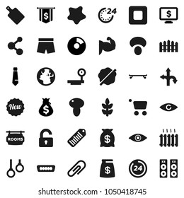 Flat vector icon set - splotch vector, cutting board, mushroom, pie graph, money bag, dollar flag, tie, monitor, muscule hand, shorts, skateboard, molecule, cereals, gymnast rings, route, earth, eye