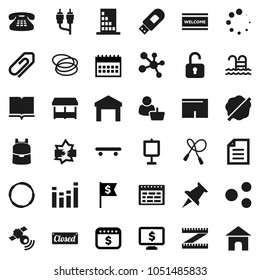 Flat vector icon set - splotch vector, welcome mat, book, backpack, schedule, presentation, document, dollar flag, calendar, monitor, measuring, jump rope, shorts, skateboard, molecule, pool, hoop