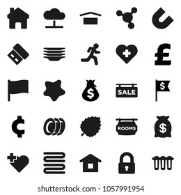 Flat vector icon set - splotch vector, plates, towel, magnet, molecule, flag, leaf, money bag, dollar, pound, cent sign, heart cross, run, dry cargo, cloud network, home, sale signboard, rooms, lock