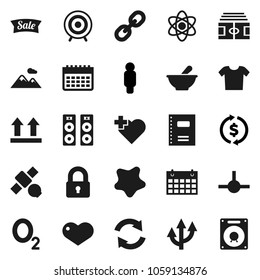Flat vector icon set - splotch vector, copybook, atom, exchange, man, stadium, target, calendar, heart cross, oxygen, satellite, top sign, link, mortar, connect, refresh, route arrow, mountain, lock