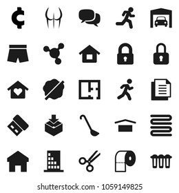 Flat vector icon set - splotch vector, toilet paper, towel, ladle, molecule, cent sign, buttocks, shorts, run, document, dry cargo, package, dialog, scissors, home, house, garage, plan, lock, love