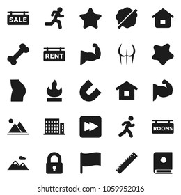 Flat vector icon set - splotch vector, ruler, magnet, flag, muscule hand, buttocks, bone, run, flammable, forward button, mountain, sale signboard, rent, rooms, apartments, lock, star, home, catalog