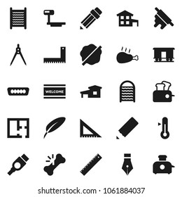 Flat vector icon set - splotch vector, welcome mat, washboard, rolling pin, thermometer, chicken leg, pen, pencil, corner ruler, drawing compass, big scales, Railway carriage, hdmi, broken bone