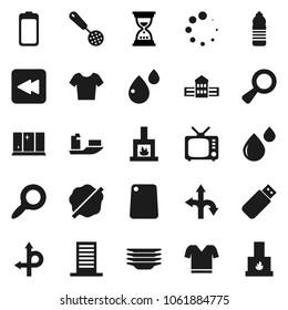 Flat vector icon set - splotch vector, plates, shining window, skimmer, cutting board, school building, magnifier, sand clock, t shirt, water bottle, route, ship, tv, battery, backward button, usb