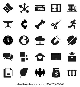 Flat vector icon set - splotch vector, magnet, molecule, leaf, clock, man, cent sign, shorts, bone, run, earth, document, package, dialog, scissors, cloud network, loading, plan, rooms signboard