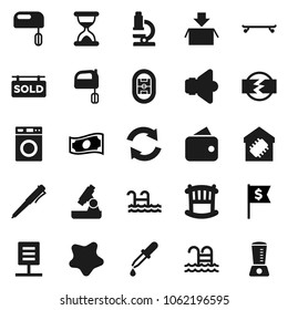 Flat vector icon set - splotch vector, washer, mixer, pen, microscope, cash, dollar flag, skateboard, pool, stadium, speaker, dropper, sand clock, refresh, network document, disconnection, crib