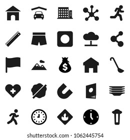 Flat vector icon set - splotch vector, plates, ladle, ruler, magnet, molecule, flag, money bag, clock, shorts, run, flammable, rec button, heart cross, cloud network, home, mountain, garage, catalog
