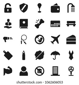 Flat vector icon set - splotch vector, shower, cutting board, cake, jump rope, punching bag, muscule hand, swimsuite, no fastfood, plane, client, calendar, umbrella, pregnancy, broken bone, shield