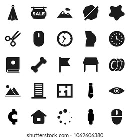 Flat vector icon set - splotch vector, plates, towel, flag, man, tie, cent sign, buttocks, bone, clock, eye, scissors, loading, mountain, plan, sale signboard, table, building, home, catalog, mouse