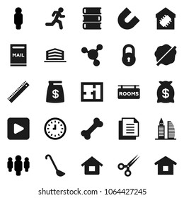 Flat vector icon set - splotch vector, ladle, book, ruler, magnet, molecule, clock, man, bone, run, document, play button, scissors, lock, house, mailbox, plan, rooms signboard, office building