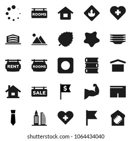 Flat vector icon set - splotch vector, plates, book, flag, leaf, dollar, tie, muscle arm, shorts, heart cross, dry cargo, flammable, rec button, loading, house, mountain, sale signboard, rent