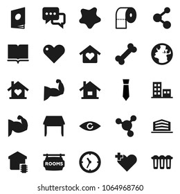 Flat vector icon set - splotch vector, toilet paper, book, molecule, tie, muscule hand, bone, earth, clock, dialog, heart, cross, eye, house, rooms signboard, apartments, office building, table