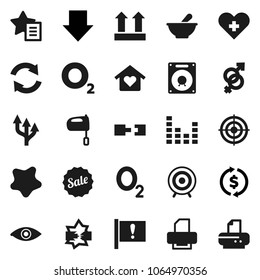 Flat vector icon set - splotch vector, mixer, exchange, arrow down, target, oxygen, attention, top sign, equalizer, heart cross, eye, gender, mortar, disconnection, favorites, refresh, route, sale