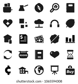 Flat vector icon set - splotch vector, turk coffee, toaster, copybook, compass, presentation, leaf, graph, annual report, cent sign, earth, money, headphones, heart, cross, sand clock, cloud network