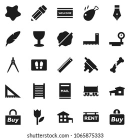Flat vector icon set - splotch vector, welcome mat, washboard, rolling pin, chicken leg, pen, pencil, corner ruler, drawing compass, Railway carriage, glass, tulip, big scales, broken bone, cottage
