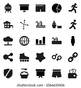 Flat vector icon set - splotch vector, washing powder, bbq, constellation, graph, pie, man, presentation board, shorts, roller Skates, run, port, protected, internet, link, gender sign, share, pool
