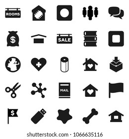 Flat vector icon set - splotch vector, toilet paper, book, scissors, flag, man, dollar, molecule, bone, earth, dry cargo, package, dialog, stop button, rec, heart cross, mailbox, sale signboard, usb