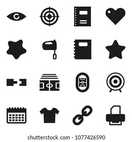 Flat vector icon set - splotch vector, mixer, copybook, stadium, target, calendar, link, heart, eye, connection, star, clothes, printer