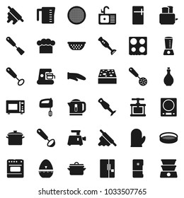 Flat vector icon set - sponge vector, sink, pan, oil, colander, measuring cup, cook hat, glove, timer, press, whisk, skimmer, spatula, ladle, rolling pin, toaster, microwave oven, blender, sieve