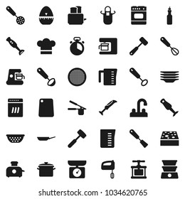 Flat vector icon set - sponge vector, plates, water tap, pan, colander, measuring cup, cook hat, apron, timer, press, whisk, skimmer, spatula, ladle, meat hammer, cutting board, toaster, blender