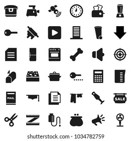 Flat vector icon set - sponge vector, trash bin, drying clothes, pan, measuring cup, rolling pin, blender, graduate hat, calculator, scissors, document, clock, arrow down, target, bone, satellitie